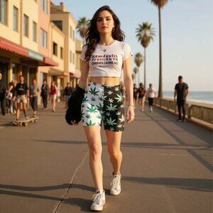 Treasure The Funk ✦ Cannabis Leaf Cycling Shorts ✦ High‑Waist Black White Active